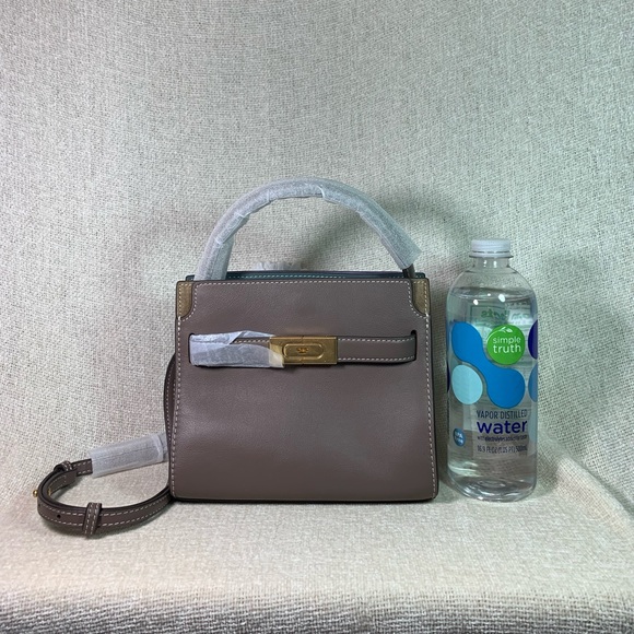 NEW Tory Burch Lee Radziwill Petite Double Clam Shell Taupe Leather Shoulder Bag - Picture 3 of 15